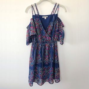 Francesca's Miami Navy Blue Floral Cold Off Shoulder Dress, XS